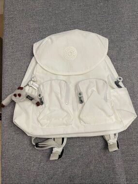 Kipling Off-White Nylon Backpack with Monkey Keychain